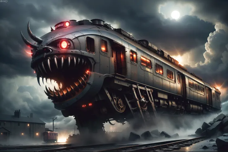 demonmawai, (train), futuristic, nighttime, stormy, scary, steampunk, (detailed high saturation sharp lines high quality)