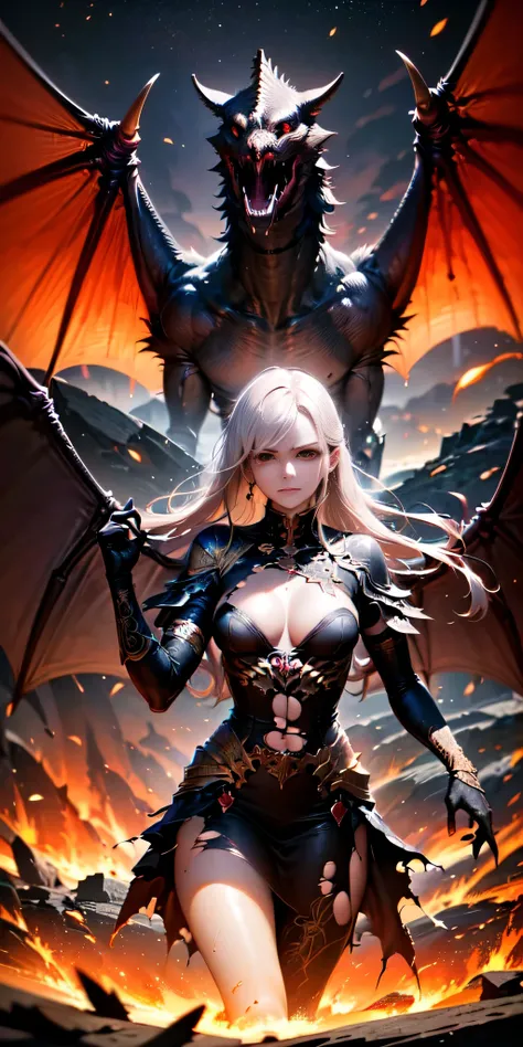 all Intricate details: "(cowboy shot, master piece, anime style, Extremely beautiful woman, 18 years old, cute whit intricate details, symmetrical face, focused all body, torn very tight thin clothes, perfect body, dragon wings, evil and very angry, flying...