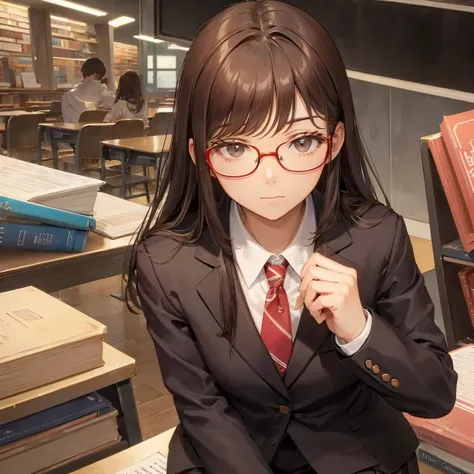 high school girl　blazer　library　brown glasses　squat　look up　medium length hair