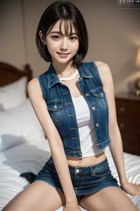 The beauty of 8K raw photos:2.0, short hair,15 years old, great face and dark eyes, stare at the camera, upward glance, A big smile, show teeth, hands behind head, show one&#39;s side, spread legs, （micro bikini, denim vest and miniskirt:1.2), realistic:1....