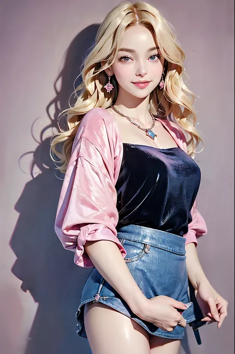 adult((30 years old)), hair((short, wavy, blonde)), Eye((smart Eye, blue)), clothing ((velvet, mini skirt, pink, pink)), hair bow, Diamond necklace, earrings, hair clip, huge breasts, smiling, American makeup, port, petal, battleships,