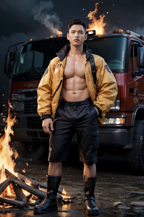 ,一个人Stand in front of the fire truck, put on silver jacket！、Create a 30-year-old mature man，legs long！Holding safety helmet in hand！188cm!Single Eyelids！（（uniform on fire,Fire jacket！））  with short brown hair ！and a short beard, Only shorts！(Show hairy che...