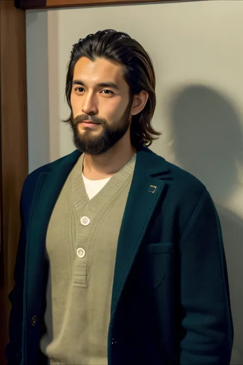 a handsome guy, nice, Japanese, short beard, long hair, 40 generations, Uncle, one knot, whole body