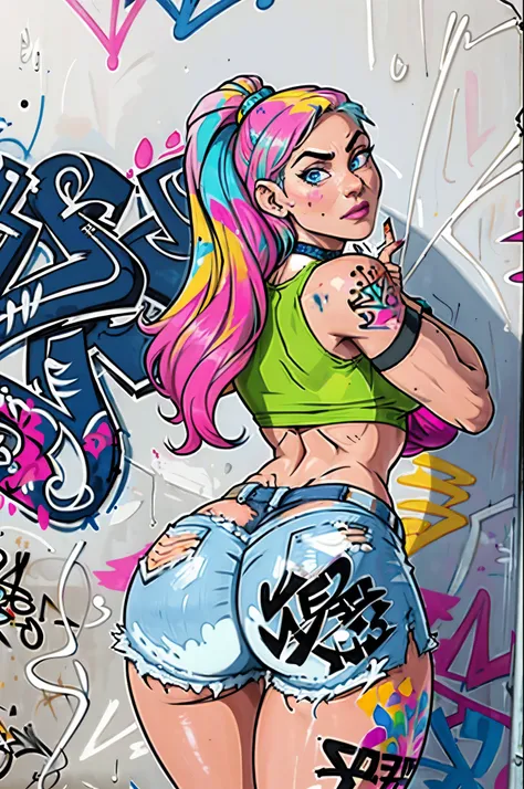 masterpiece, best quality, 25 years old beautiful woman, long hair, (mature face:1.4), 1woman, solo, crop top, denim shorts, choker, (from behind:1.4), plumb ass, thick thighs, thin waist, (graffiti:1.5), paint splatter, arms behind back, against wall, loo...