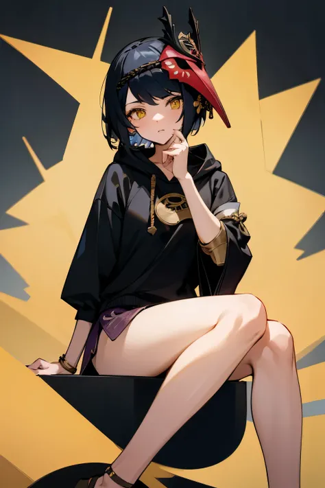 woman, kujousaradef, black hair, short hair, golden eyes, casual outfit, black hoodie, bare legs, sitting, sitting cross legged