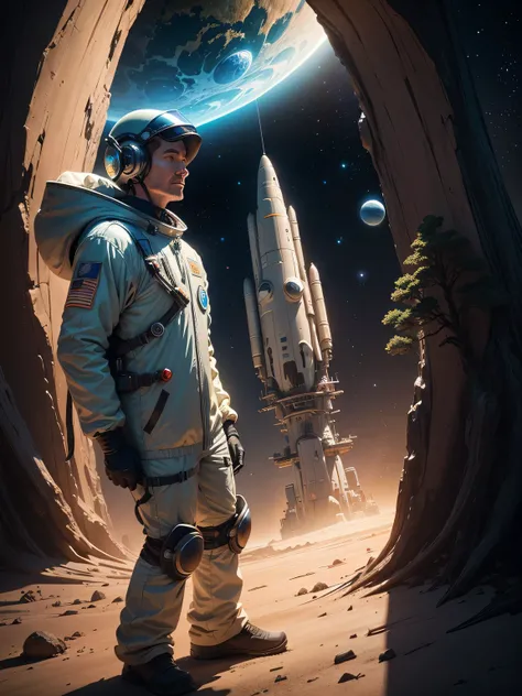 forest, A man in a space suit stands on a rock and looks at the Earth, 3d rendering bipe, Bipper and Tim Hildebrandt, artgem and beeple masterpiece, bipur&#39;of inspiration, buzzer art, realism | illumination, Astronauts have no planets, Bee style, Buzzer...