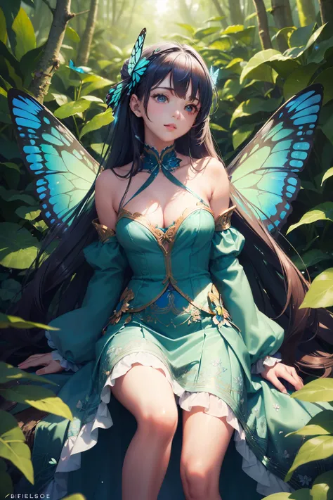 NSFW, ((masutepiece)), ((best quality)), ((ultra-detailed and intricate)), beautiful girl in a blue skirt with butterfly wings, ((hyper-realistic and lifelike)), ((shimmering and iridescent wings)), ((realistic and delicate flowers on the forest floor)), s...