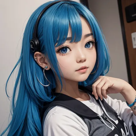 with blue hair、I have a lot of piercings、A little chubby anime style girl