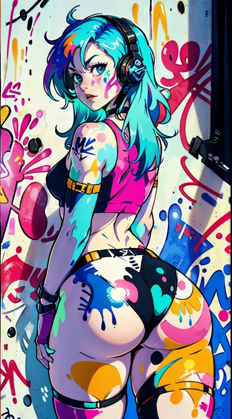 masterpiece, best quality, 25 years old beautiful woman, long hair, (mature face:1.4), 1woman, solo, crop top, tongues underwear, choker, (from behind:1.4), plumb ass, thick thighs, thin waist, (graffiti:1.5), paint splatter, arms behind back, against wall...