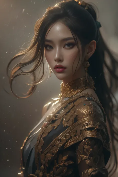 Beautiful painting of perfect thai female  warrior, ponytail long hair, perfect features, (naked), abstract beauty, near perfection, pure form, dynamic pose, ethereal background, (deep dark shadows), (strong cinematic lighting), (back lighting), intricate ...