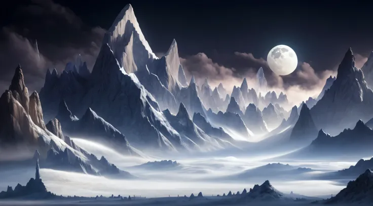 mountains with a full moon in the sky and a few clouds, icy mountains, impressive fantasy landscape, alien mountains, matte fantasy painting, detailed matte fantasy painting, 4k highly detailed digital art, fantasy art landscape, epic fantasy landscape, ic...