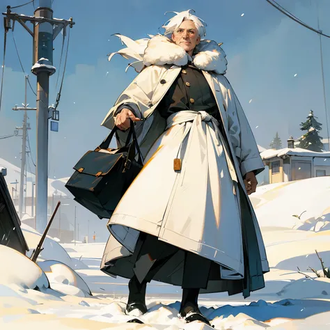 A white-haired man in the snow with a bag, Vintage color