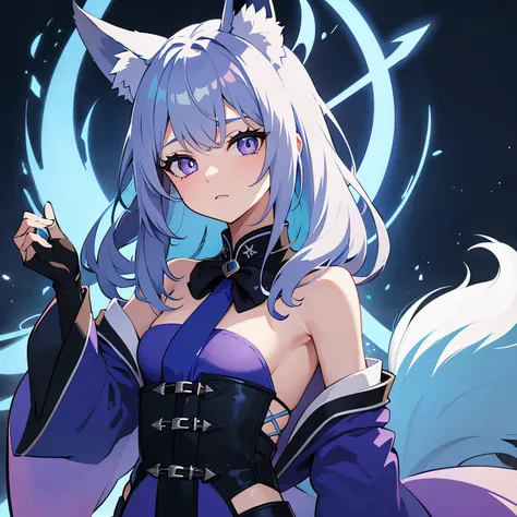 A girl in her twenties with blue-white hair, blue-purple gradient pupils, a small tail, and a fox-girl robe.