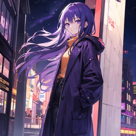 ((Best quality)), 1 girl, night city, coat, hands in pockets, Purple hues,