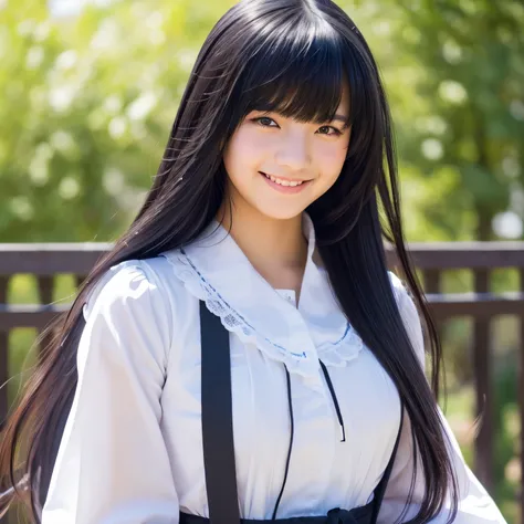 (best quality,4k,8k,highres,masterpiece:1.2), ultra-detailed, (realistic,photorealistic,photo-realistic:1.37), girl with long black hair and bangs covering one eye, gently smiling, high school student, classical lolita, full-body illustration, purple eyes,...