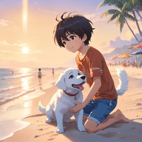 An 8-year-old dark-haired boy plays with a white puppy at the beach, sunny，high quality, clear focus (Messy house: 0.8), (masterpiece: 1.2) (realistically: 1.2) (Bokeh) (best quality) (Delicate skin: 1.3) (intricate details) (8k) (Delicate eyes) (sharp foc...