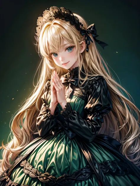 prompt: 8K resolution, delicate features, , single, unique students, shy smile, blonde, princess cut, Bow hair ornament, brooch, shiny dark green dress, lolita style, gothic style, Folded hands, facing the viewer, Otaku Room, Female imps