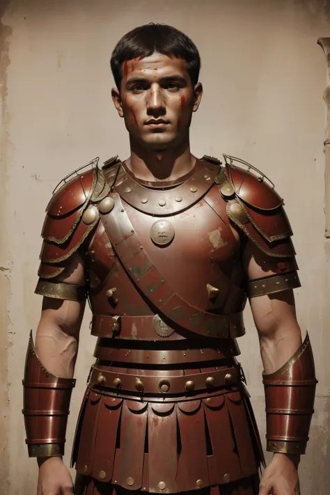 Mitilene, 77 BC. A young ((((21-year-old)) Julius Caesar)), war, battle, fighting, stained with blood, blood in his face. ((((roman legionary clothings and armor from the 1st century BC))))