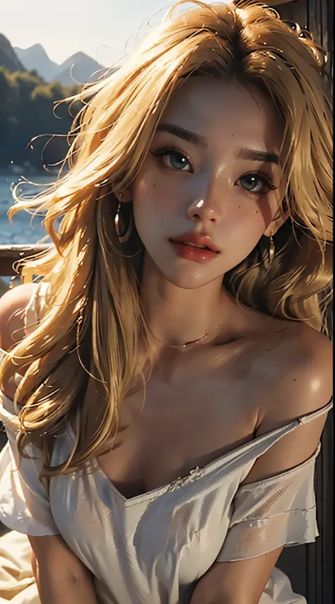 Best quality, masterpiece, ultra high resolution, (photorealistic: 1.4), sexy photo, 1girl light curly blonde hair, sexy mouth,eye-catching big breasts by neckline, open outfit with neckline, off shoulder, cinematic lighting,(Best quality, 8k, 32k, masterp...