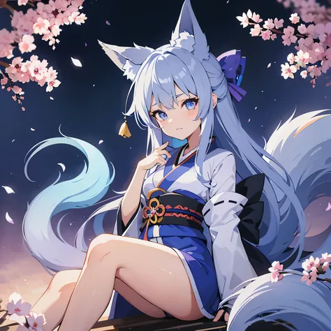 Blue-white hair, Blue-purple gradient pupils, Little tail, Fox girl in kimono, shy black stockings