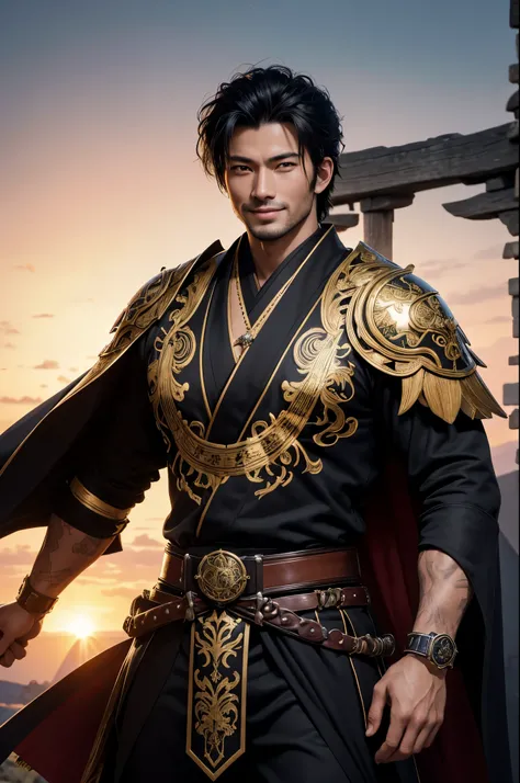 8K,28 years old,Adult male with black wolf cut hair,Japanese super handsome guy(Like the real thing),wild guy,black kimono costume(Precise embroidery of the main character&#39;s coat of arms),luxury black and gold pants,blue and black leg armor,Muscular sl...