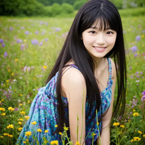 ((masterpiece, highest quality))
 Persona4 Yukiko Amaki, 1 girl, alone, long hair, black hair, brown eyes, in the wildflower field, wearing flowing dress, smile