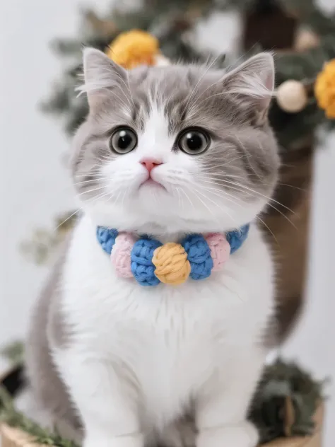 Cat, alone, looking at the audience, Lovely, charming, simple background, Flower collar, vague, black eyes, no humans, vague background, animal,