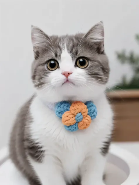 Cat, alone, looking at the audience, Lovely, charming, simple background, Flower collar, vague, black eyes, no humans, vague background, animal,