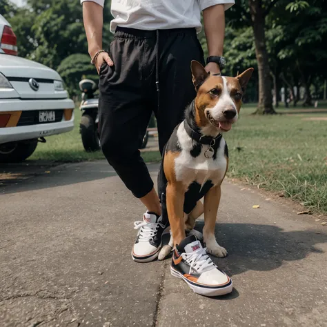 Pria Indonesia yang berambut panjang kaos hitam celana pendek sepatu Vans jalan kaki dengan dua ekor anjing bullterrier di taman pegunungan 