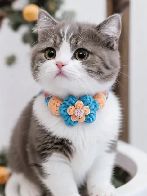 Cat, alone, looking at the audience, Lovely, charming, simple background, Flower collar, vague, black eyes, no humans, vague background, animal,