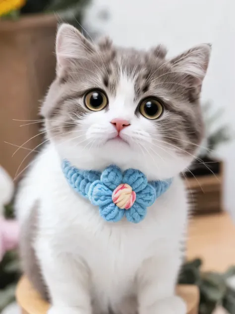 Cat, alone, looking at the audience, Lovely, charming, simple background, Flower collar, vague, black eyes, no humans, vague background, animal,