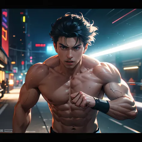 depth of field, cinematic lighting, motion blur, chromatic aberration, ray tracing, anime, 8k, super detail, best quality, 1080P, HD, 4K, 16k. Anime action hero, move poster scene, shirtless man, muscular, the man is rescuing a beautiful woman