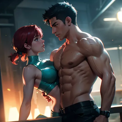 depth of field, cinematic lighting, motion blur, chromatic aberration, ray tracing, anime, 8k, super detail, best quality, 1080P, HD, 4K, 16k. Anime action hero, man and woman, shirtless man, muscular, the man is rescuing a beautiful woman