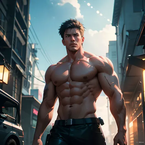 depth of field, cinematic lighting, motion blur, chromatic aberration, ray tracing, anime, 8k, super detail, best quality, 1080P, HD, 4K, 16k. Anime action hero, man and woman, shirtless man, muscular, the man is rescuing a beautiful woman