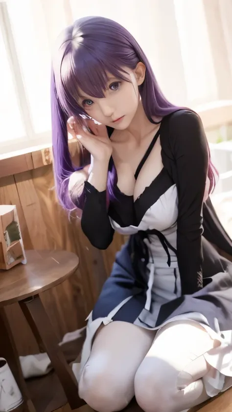 anime girl with purple hair sitting on a wooden table, anime style like fate/stay night, misato katsuragi, fate / stay night, an...