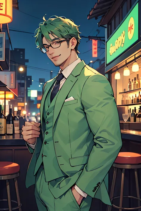 ((highest quality)), ((masterpiece)), (be familiar with), perfect face、Super handsome、ENFP、male、green hair、No bangs、A sense of leeway、Hallyu Men、glasses、smile、Green suit、The background is a luxury bar with a night view、α mail、Muscle Morimori、It feels like ...