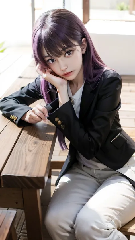 anime girl with purple hair sitting on a wooden table, anime style like fate/stay night, misato katsuragi, fate / stay night, an...