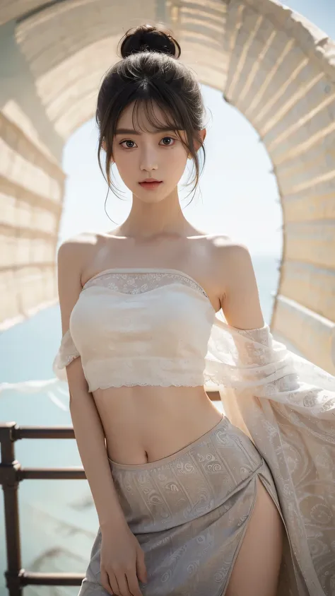 full-body shot, face close-up, face shot, a beautiful woman, messy hair, girly, Symmetrical bun, hair accessories, jewelry, delicate face, (Tube top: 1.5), (High slit lower skirt 1.7), (many patterns: 1.5), crop navel, open belly, Dunhuang style, Many ribb...