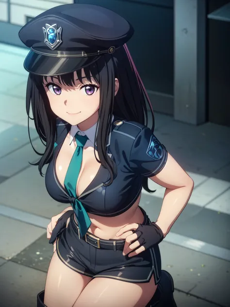 (((pixel perfect, detail perfect))), alone, 1 girl,
 looking at the viewer, smile、black police peaked cap, Police, cleavage, Midriffs, white shirt, front-tie top, purple eyes, long hair, Black High-waist shorts, (blue belt:1.2), black fingerless gloves, bl...