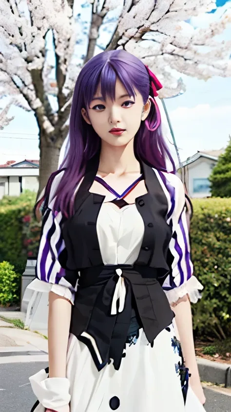 anime girl with purple hair and white dress in front of a house, misato katsuragi, iwakura lain, official art, anime style like ...