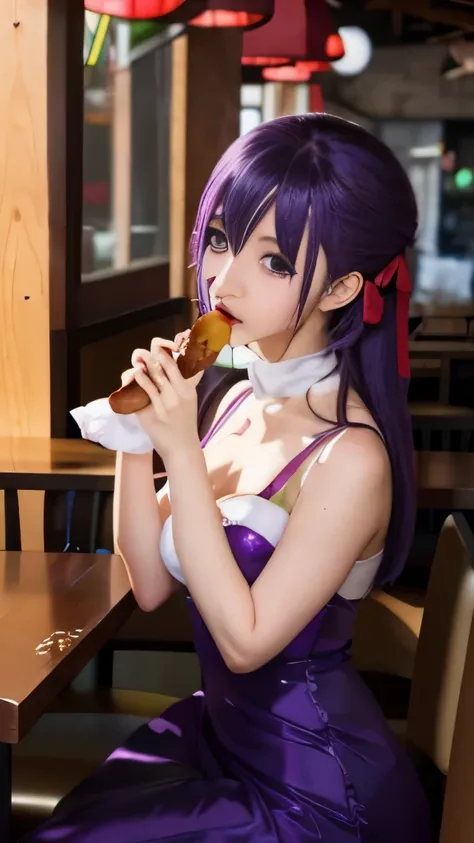 anime girl in purple dress eating a donut at a restaurant, seductive anime girl, anime moe artstyle, anime style 4 k, anime food, misato katsuragi, made with anime painter studio, anime girl drinks energy drink, attractive anime girl, realistic anime artst...