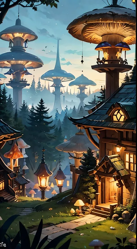 Elf city, tree-houses, tree branches, glowing mushrooms,