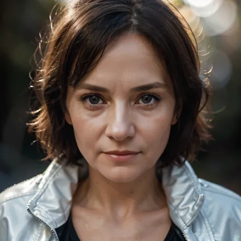 close-up portrait of a middle aged german woman in a sun lit ice cave while wearing a t-shirt and a jacket. fifty years old, cute face, slim and thin body, bokeh background, (highly detailed skin:1.0), (masterpiece:1.2) (photorealistic:1.2) (bokeh) (best q...