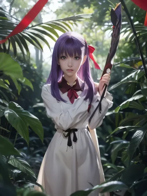 anime girl with purple hair holding a red ribbon in a forest, anime style like fate/stay night, anime moe artstyle, gapmoe yandere, misato katsuragi, official artwork, yandere, high quality anime artstyle, official art, clean detailed anime art, fate / sta...