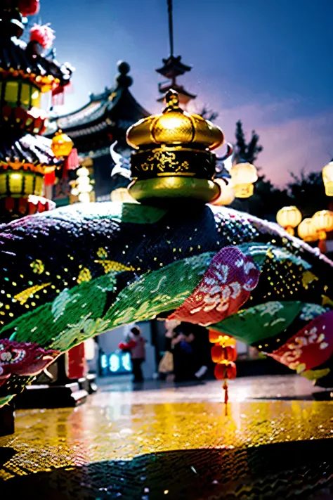 Chinese dragon, cute, 3D, pastels, felt style, macaron tones, wide angle shot, Chinese architecture in front of the camera, New Year festive background high details, best quality, cinematic lighting effects, 8K --niji 5 --s 1000 --ar 3:4