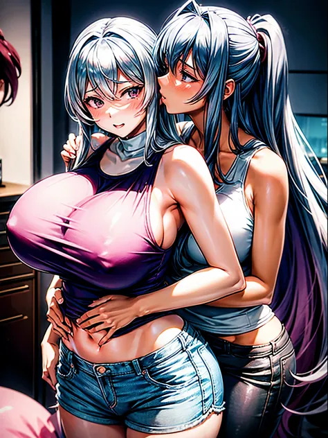 anime、moe、adult women、Kissing between women、Women hugging each other、Tank top、hot pants、sexy woman、big breasts、very big breasts、long hair、straight hair、silver hair、Completely naked、stick out one&#39;s butt、Pink Room