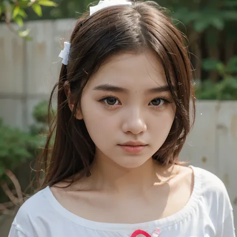 Make me a 13-years-old Korean girl with clothes with perfect eyes white skin realistic