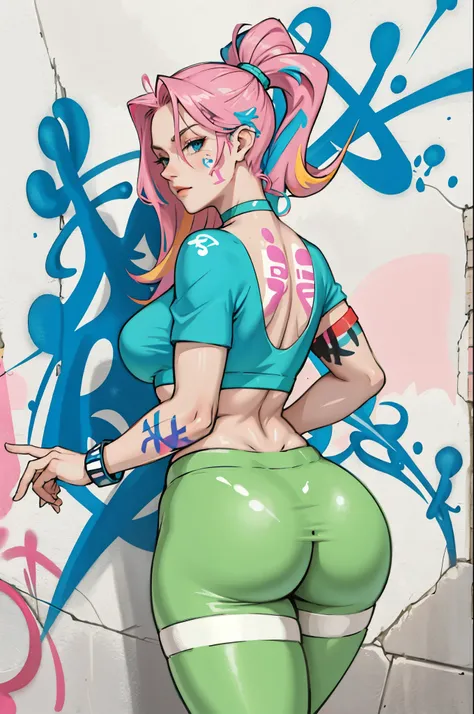 masterpiece, best quality, 25 years old beautiful woman, long hair, (mature face:1.4), 1woman, solo, crop top, gym leggings, choker, (from behind:1.4), plumb ass, thick thighs, thin waist, (graffiti:1.5), paint splatter, arms behind back, against wall, loo...