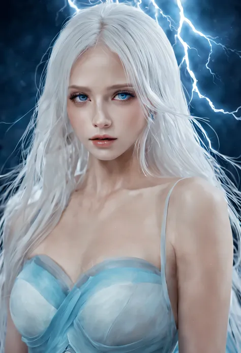 由thunder、thunder、The composition of elements such as electricity，Created a（Translucent appearance：1.3），Her form is almost invisible，A soft glow emanates from her soft silhouette，The surrounding environment is subtly distorted by her ethereal presence，Creat...