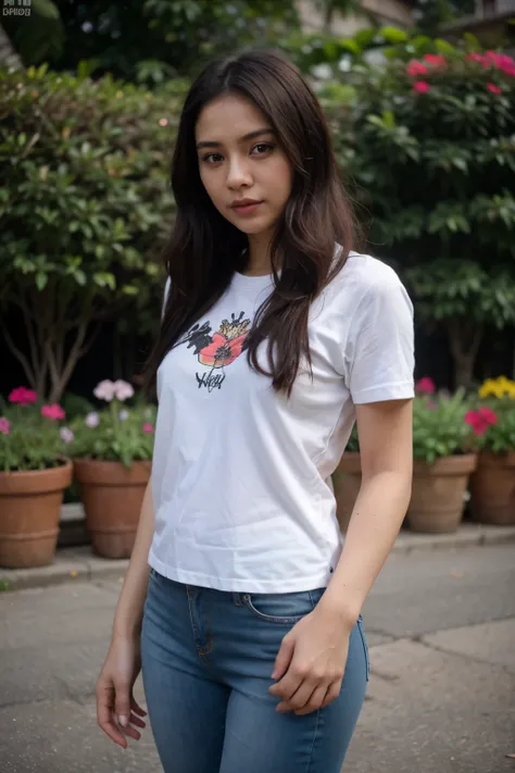 Seorang wanita cantik Indonesia 30 tahun, memakai kaos tertutup warna biru dan merah, celana jeans. berambut panjang hitam, sedang berdiri berpose di taman bunga yang cantik. fokus pada wajahnya, seluruh tubuhnya, sangat realistis, kualitas 9k.